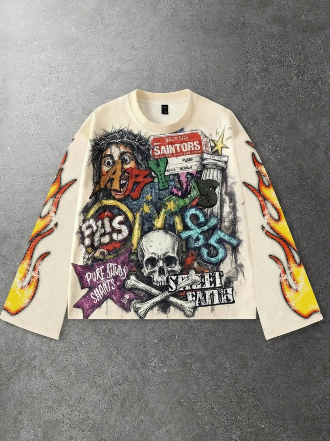 Men's Cartoon Flame Print Long Sleeve Loose Sweatshirt, Casual Fall Fashion, Comfortable Daily Wear, Versatile Men's Clothing
