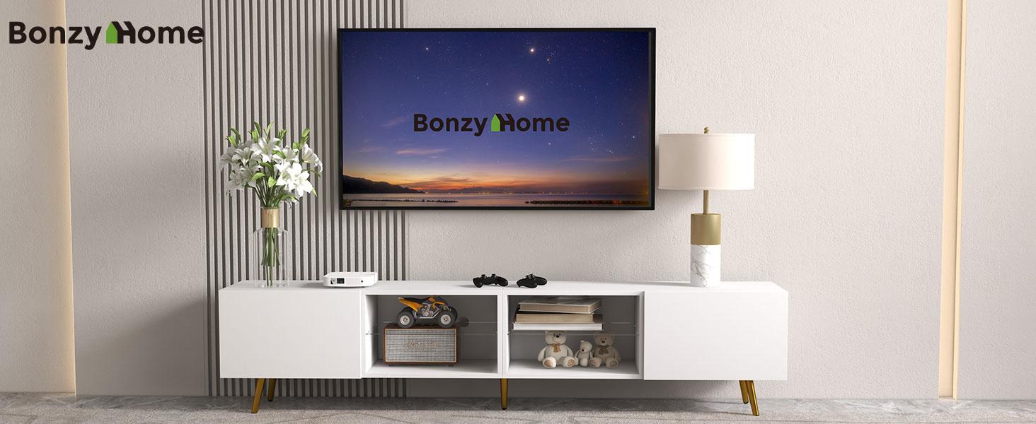 [Back to School] EBELLO 86" LED TV Stand, Modern Entertainment Center up to 75" 80" 85" TV, Television Console Table with Storage Cabinets for Living Room, White