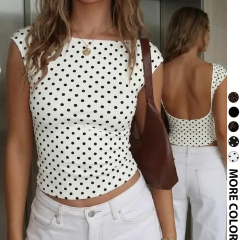 Women White Black Polka Dot Boat Neck Open Back Crop Top, Y2K Vintage Cap Sleeve Backless Slim Fit Tee, Summer French Style Stretch Casual Cropped Blouse Daily Wear Tops #polkadottop #vintageoutfit #tiktokmademebuyit #openbackcroptop