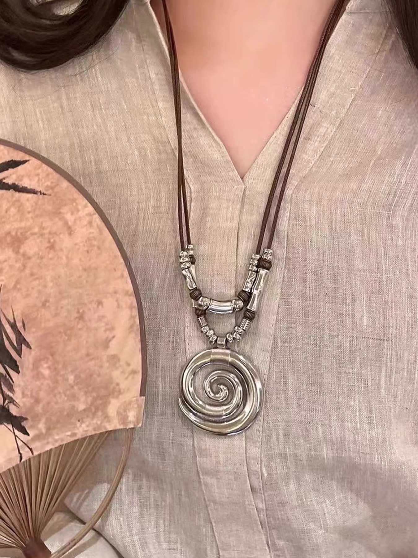 Bohemian Style Ethnic Pattern Dress, Women's Fashion Long Sleeve Maxi Dress, Casual Loose Fit Summer Dress, Boho Chic Clothing, Necklace