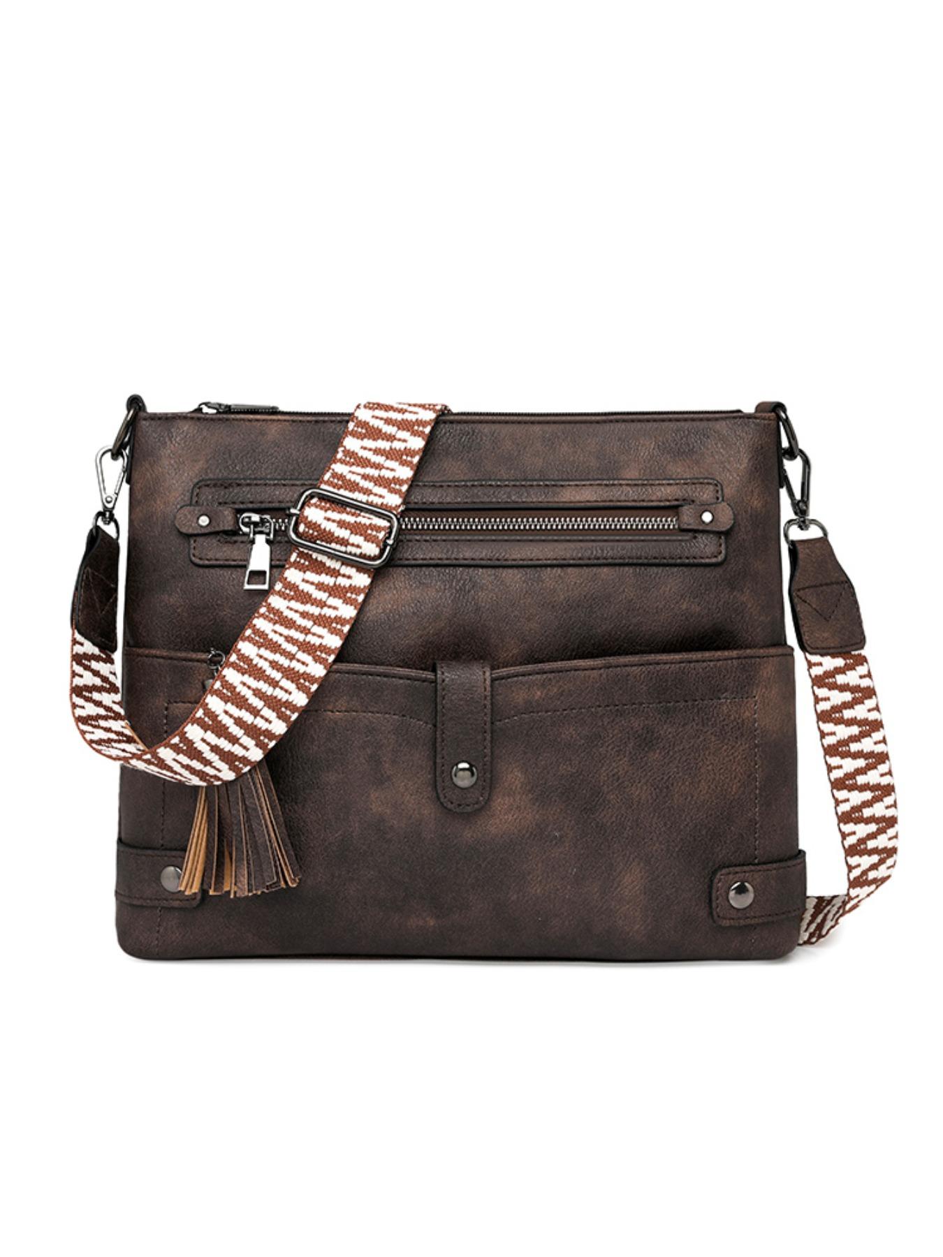 Vintage PU Crossbody Bag, Wide Strap Fringe Design, Large Capacity Shoulder Bag, Casual All-Season Tote, Multi-Layer Anti-Theft, Adjustable Strap