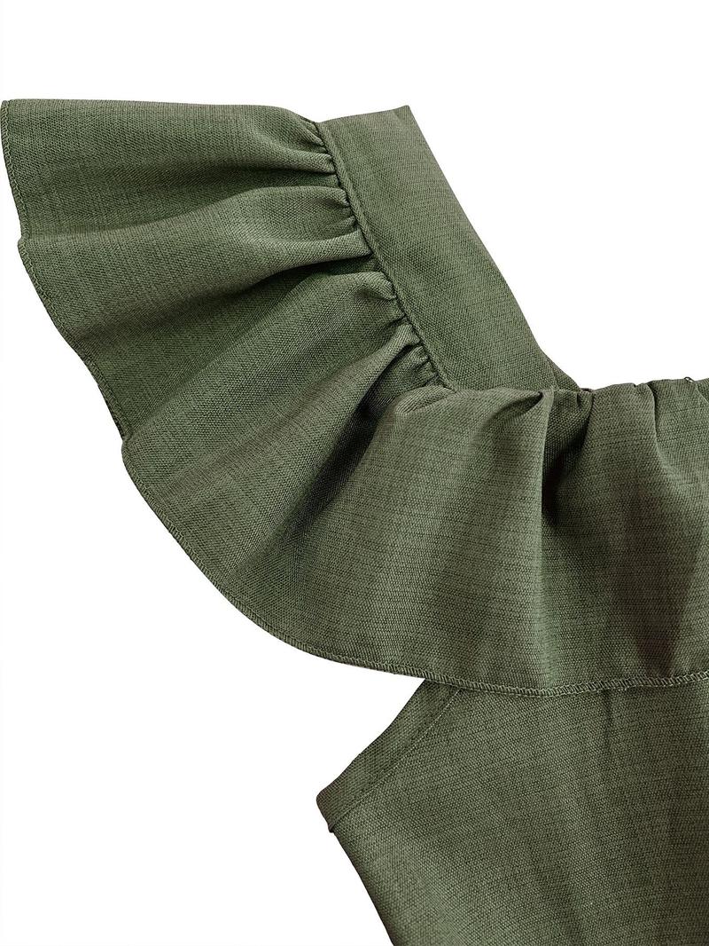 New Women's Square Neck Ruffle Mock Front Belted Button Pants, Casual Fitted Long Pants for Spring & Fall, Elegant Commuter Wear Jumpsuit