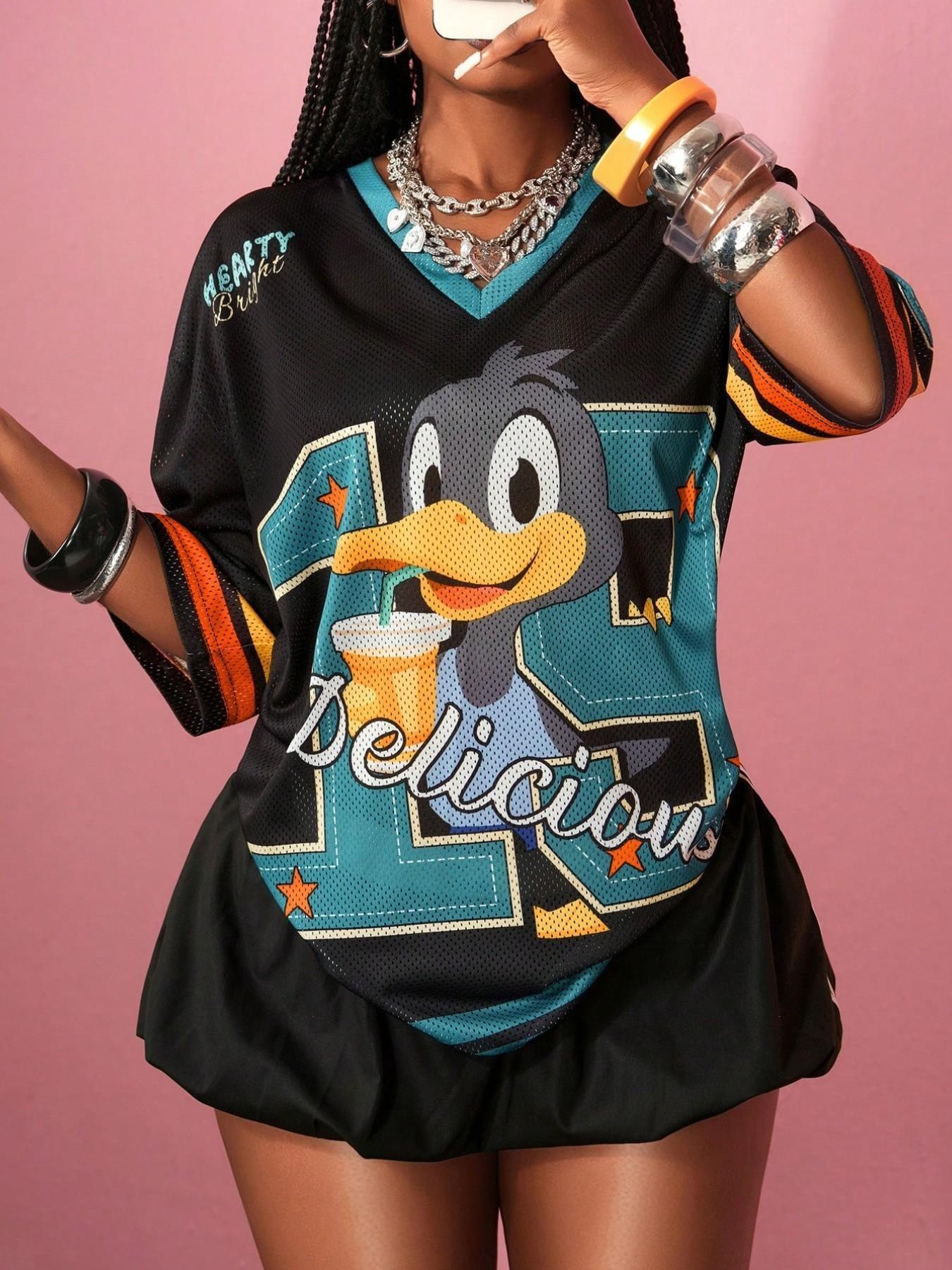 American Retro Cartoon Duck Print Mesh Eye Short Sleeve T-Shirt for Women, New Y2K Style, Loose-Fit Sport Top, All Seasons