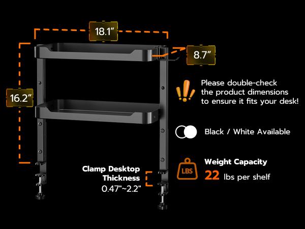 ARES WING 2-Tier Clamp On Desk Shelf, 16 inch Adjustable Above or Under Desk Storage Shelves Holds 44 lbs, Heavy Duty Desktop Organizer with Headphone Holder for Working and Gaming Accessories, Black