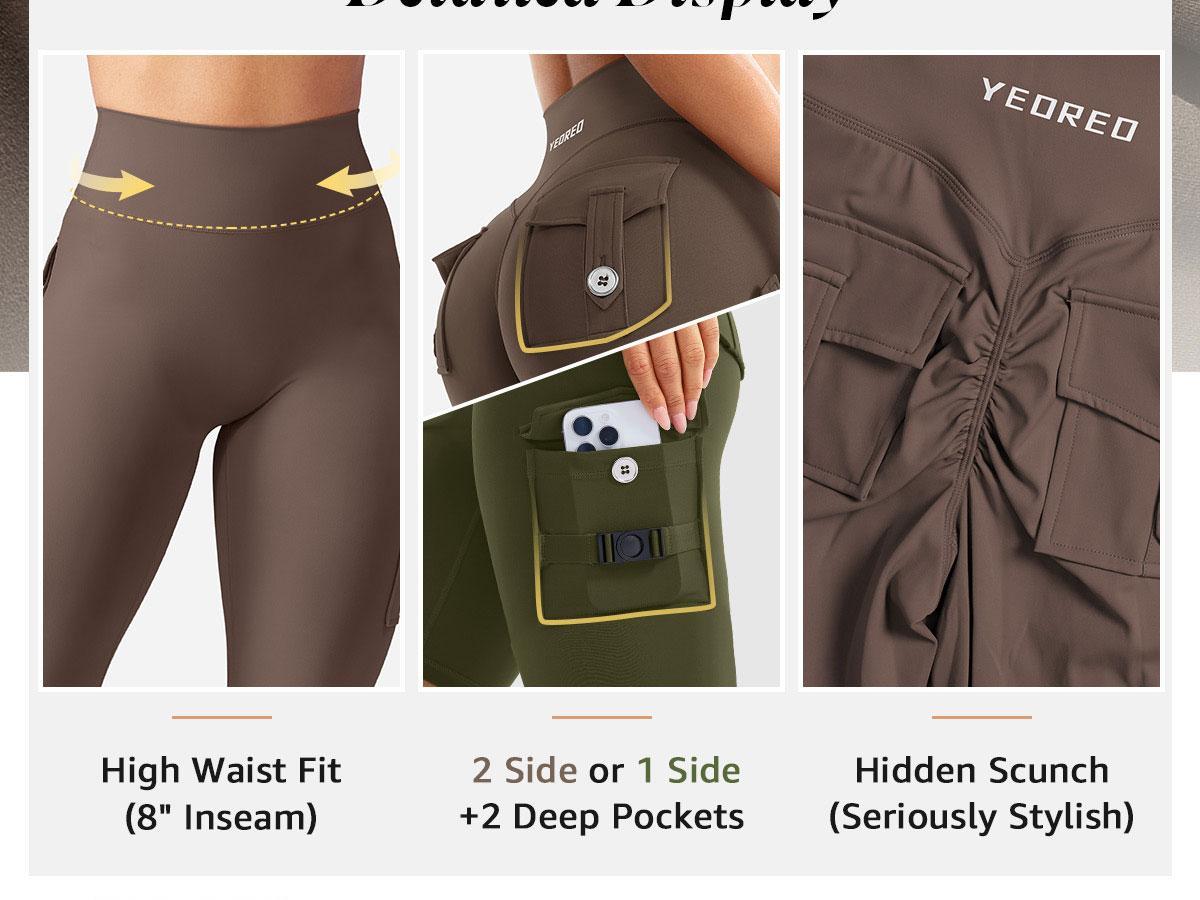 YEOREO High Waist Cargo Leggings Women’s Workout Pants with Pockets Hidden Scrunch Butt Lift Compression Yoga Wear Athletic Bottoms