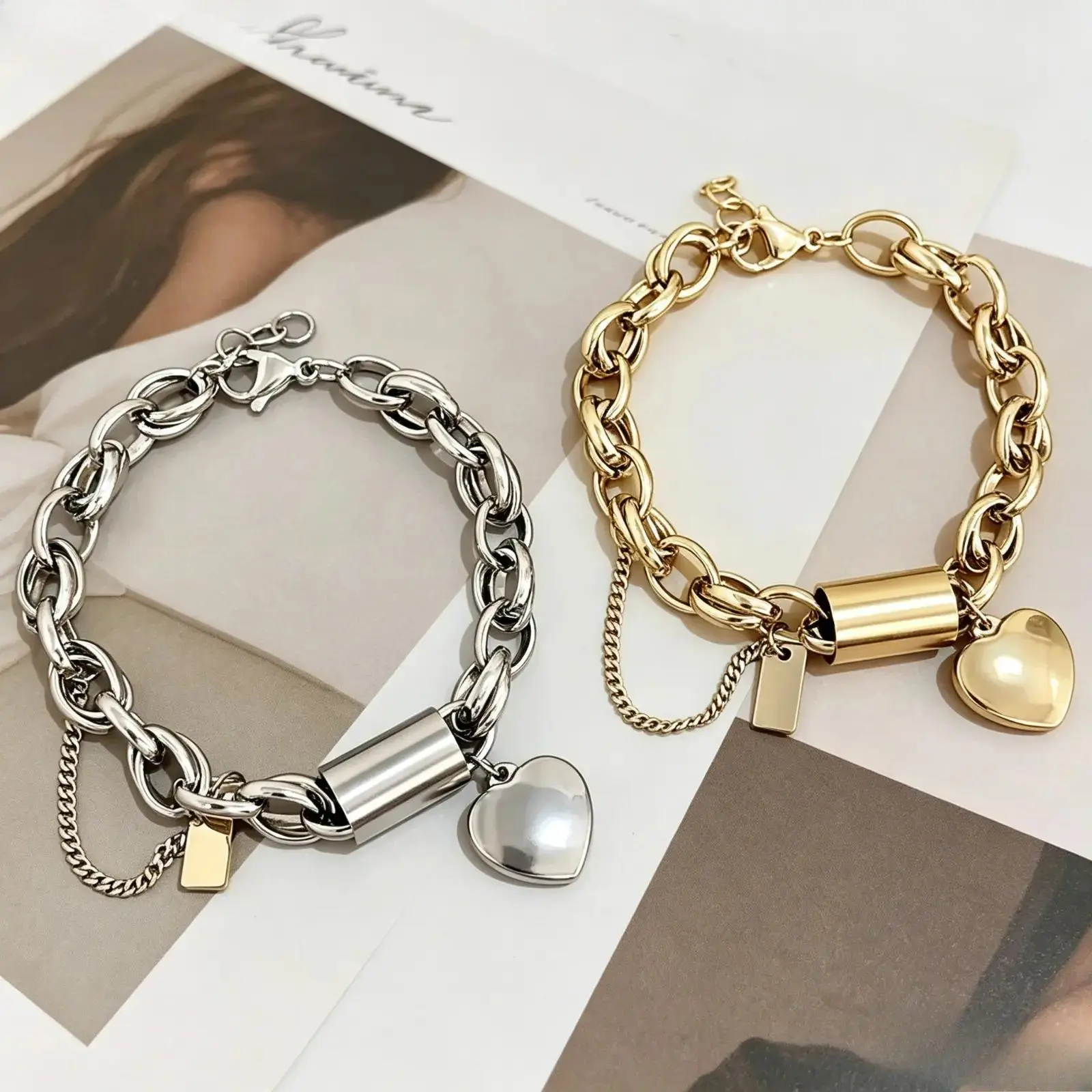14K Gold Plated Exquisite Chunky Chain Bracelet, Heart Pendant Tube Charm, Exclusive Design, Heavy-Duty Statement Wristband, Perfect Valentine's Day Gift