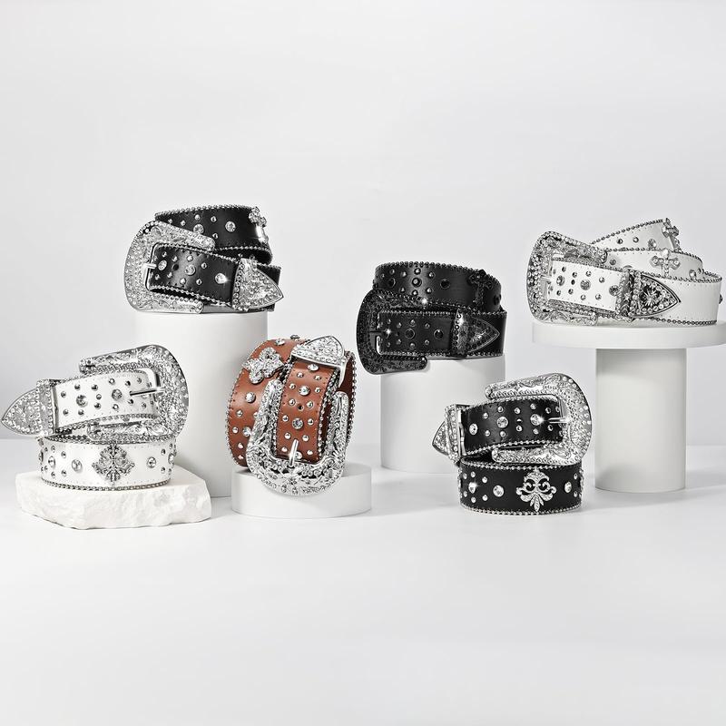 JASGOOD Rhinestone Studded Belt for Men Women, Western Leather Belt for Cowgirl Cowboy Vintage Bling Belt for Pants Dress