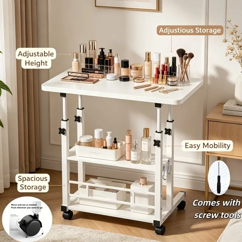 Rolling Adjustable Thickened Dressing Table with Height Adjustment and 360° Lockable Casters - Mobile Makeup Vanity Table for Bedroom