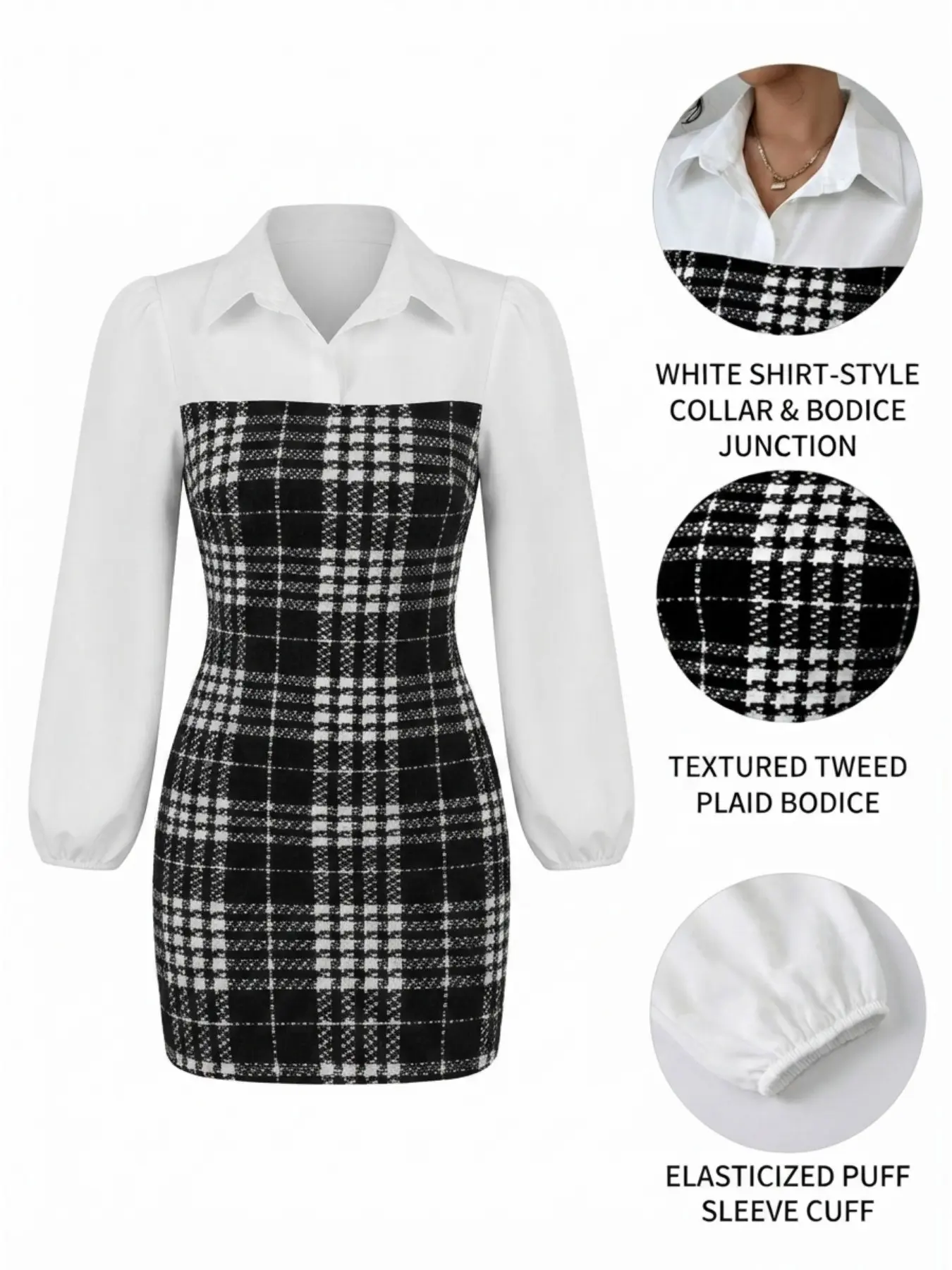 Women's Elegant Houndstooth Dress with Contrast Binding, Long Lantern Sleeve Fitted Knee-Length, Perfect for Fall & Winter Daily Wear