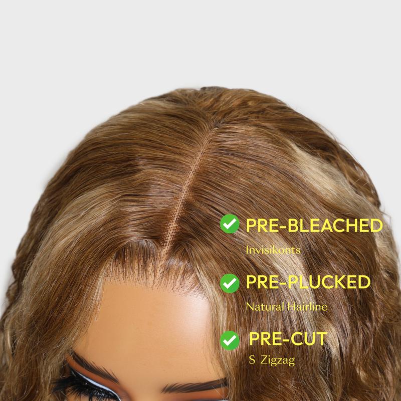 Sunber 7X5 Pre-Everythin Lace Frontal Wigs with Bangs Loose  Wave Curly Wigs Honey Blonde Glueless Wigs Human Hair Pre Plucked Pre Cut Lace Bleached Knots Perfect For Summer Look Ready to Wear Frontal Wigs Dealsforyoudays