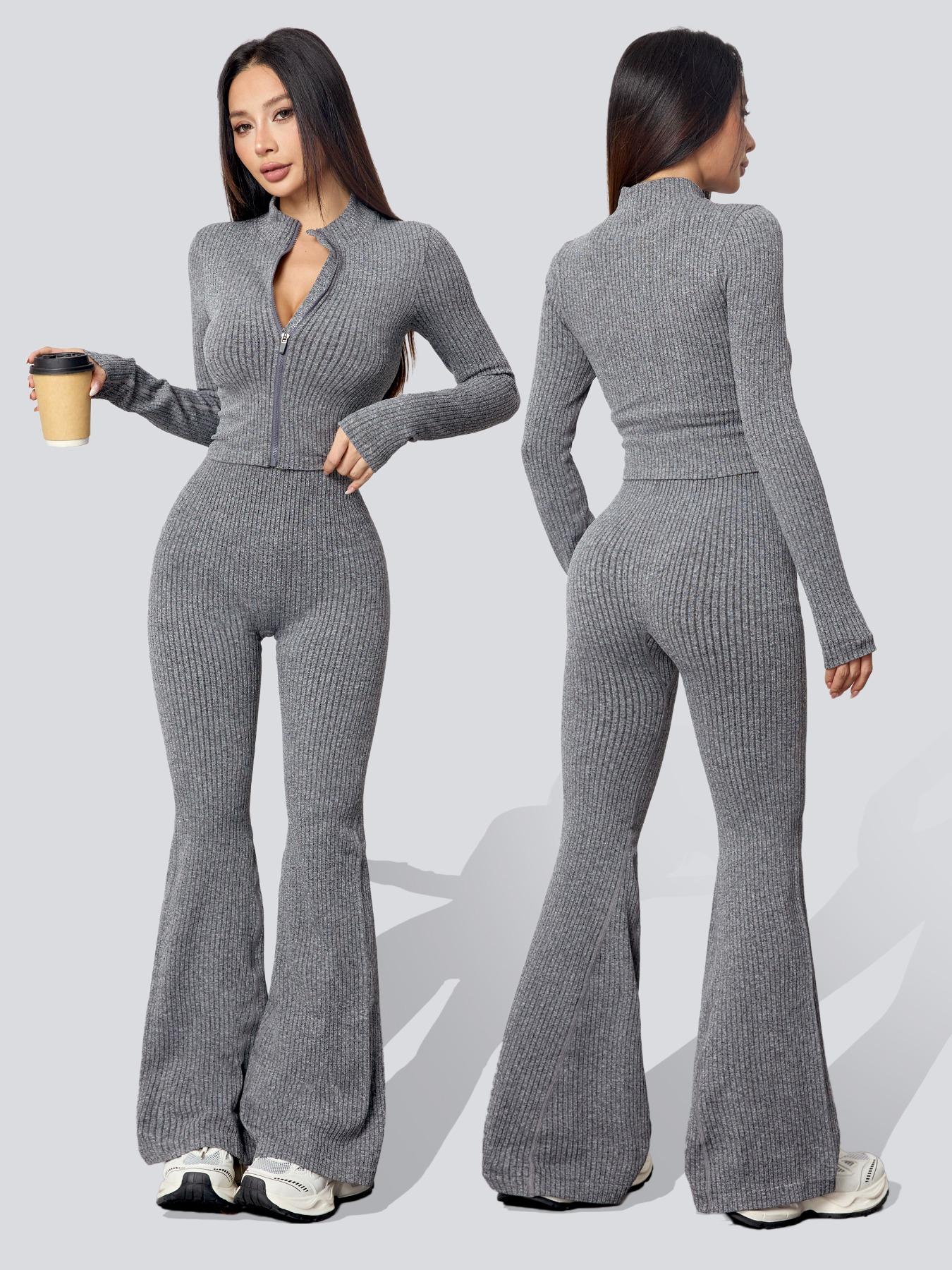 Women's Two-Piece Set, Fall & Winter Knit Plaid Jacket with Zipper, High-Waisted Leggings, Casual Fitted Yoga, Sweatsuit Outfits