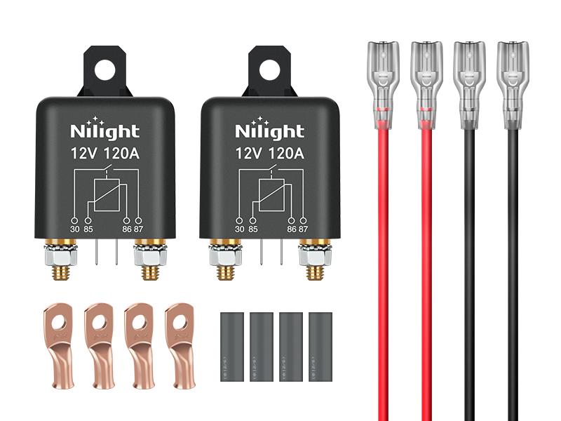 Nilight 2 Piece Heavy Duty Starter Relay Set Pack - 4-Pin SPST 12-14V DC 120A Current Switch for Automotive Users, 4-Terminal Control with Copper Cores Wire Lugs (Cars, Trucks)