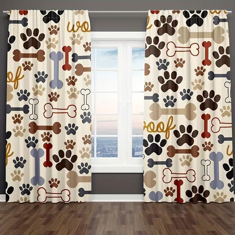 2 pieces of dog paw printed curtains, made of polyester with semi-transparent texture, machine washable, suitable for bedrooms, living rooms and home decoration curtains.