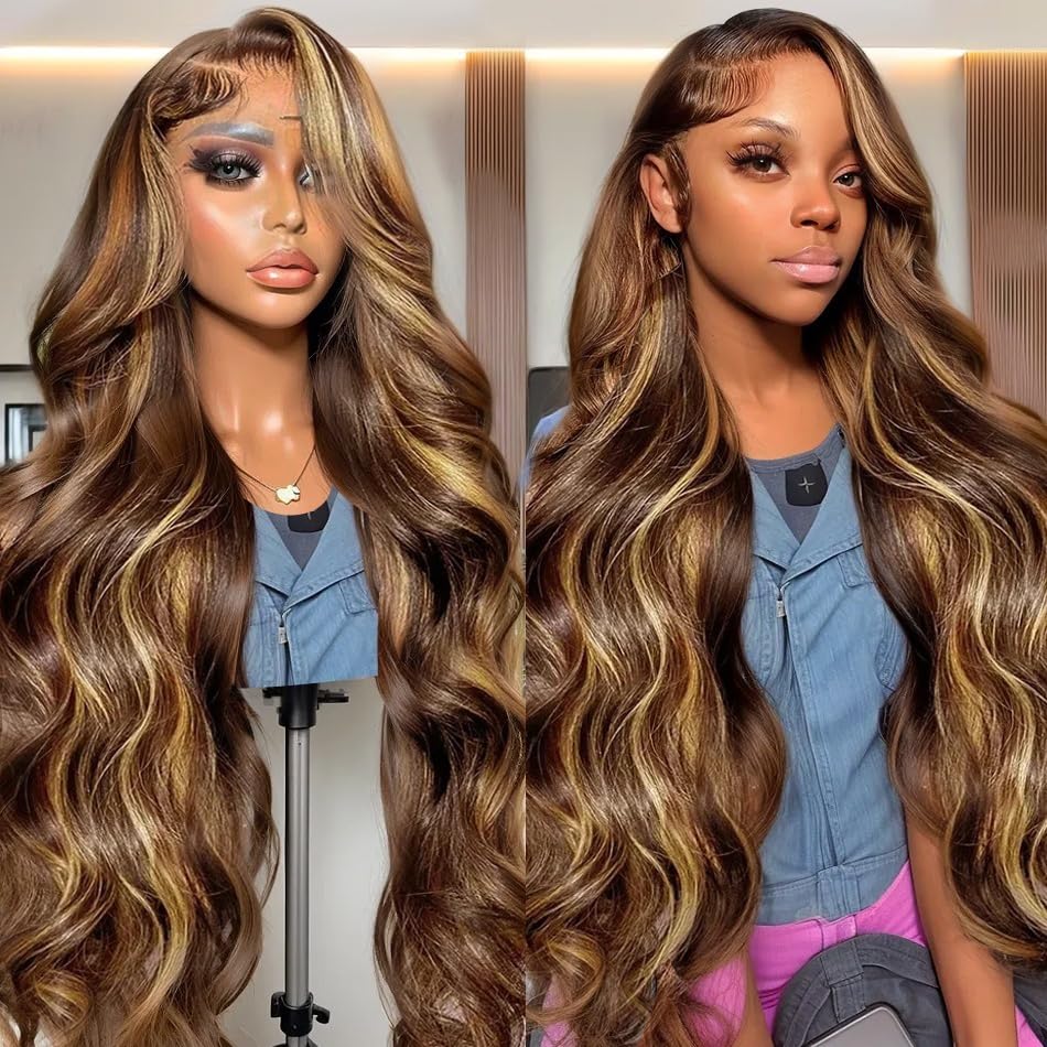 Highlight P4/27 Honey Blonde Body Wave Lace Front Wig 13x6 Brown Colored Human Hair Wigs with Baby Hair for Women 99J/Natural Black 180% Density