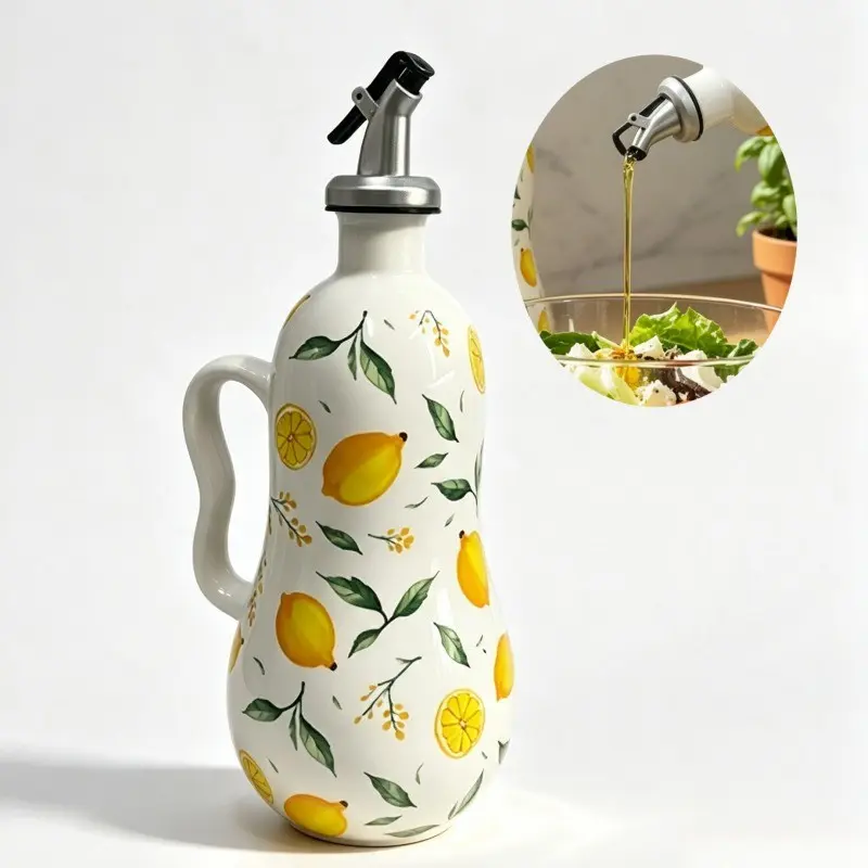 1Pc 700ML Ceramic Olive Oil Dispenser Bottle Vinegar Cruet Mediterranean Lemon Farmhouse Amalfi Coast Aesthetic With White Handle Stainless Steel Pourer Leakproof Drizzle Spout Kitchen Salad Dressing Cooking Gift TikTok Shop