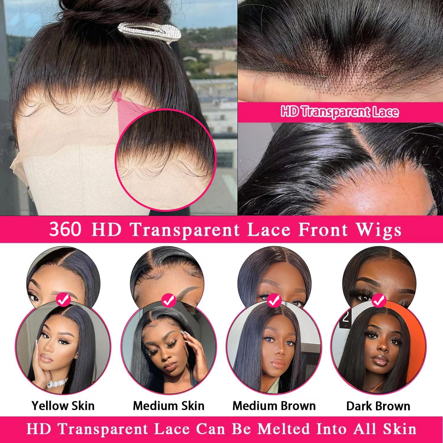 360 Lace Frontal Wigs Human Hair Bone Straight Lace Front Wigs For Women Brazilian Lace Front Wig Pre Plucked 180% Density