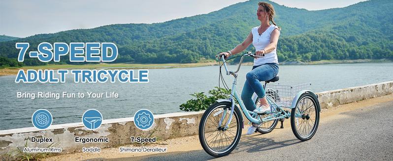 MOONCOOL Adult Tricycles 7 Speed 20/24/26 inch Three Wheel Bike Cruiser Trike with Low-Step Through Frame/Large Basket for Men, Women, Seniors