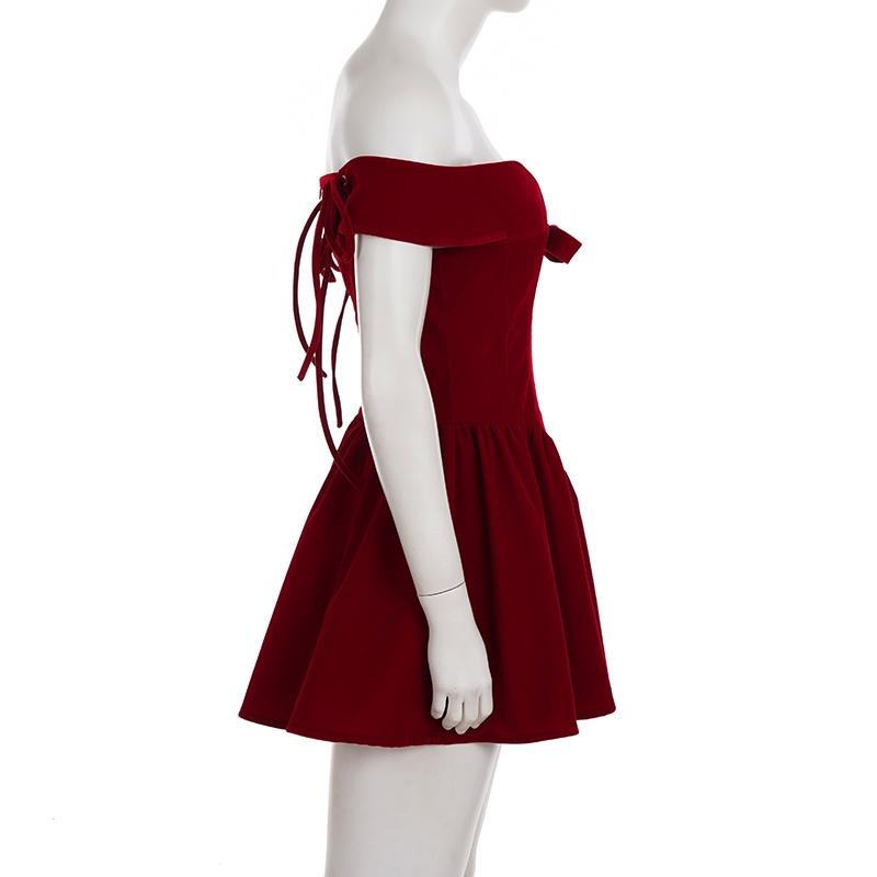 Elegant Banquet Style Solid Wine Red Off-Shoulder Bow Panel Dress. Sleeveless Cold-Shoulder Tie-Waist A-Line Mini Skirt. Perfect for Birthday Formal Occasion Puff Party Dress.