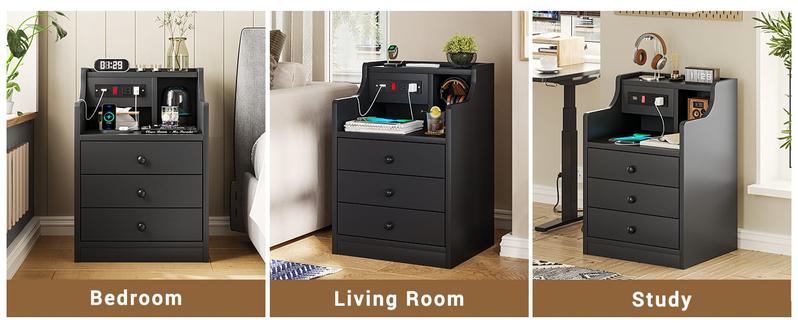 Sikaic Nightstand With Charging Station Hutch & Storage Drawers Bedside Table Cabinet Modern Bedside Table