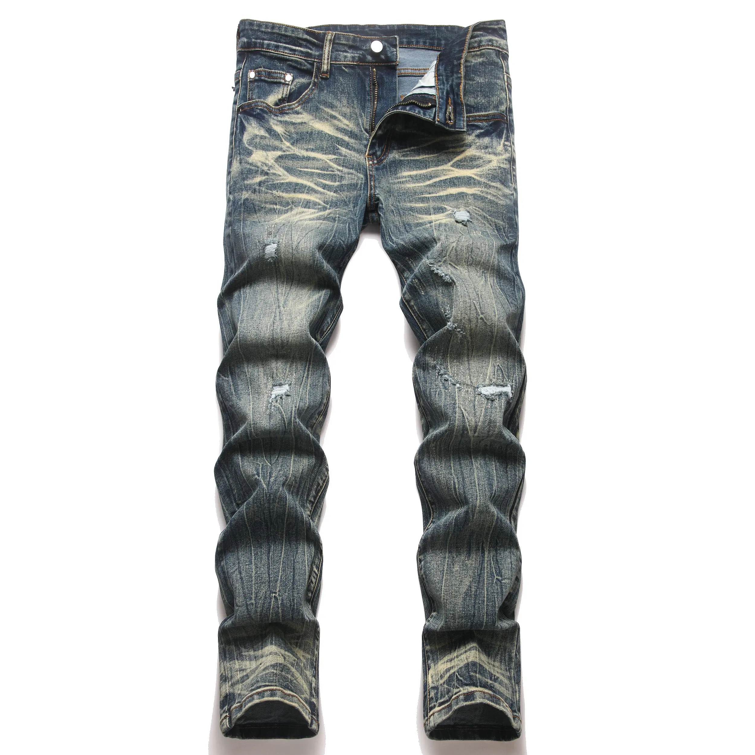 Men's Stretch Slim Fit Jeans Blue Khaki Color Block Ripped Casual Pants