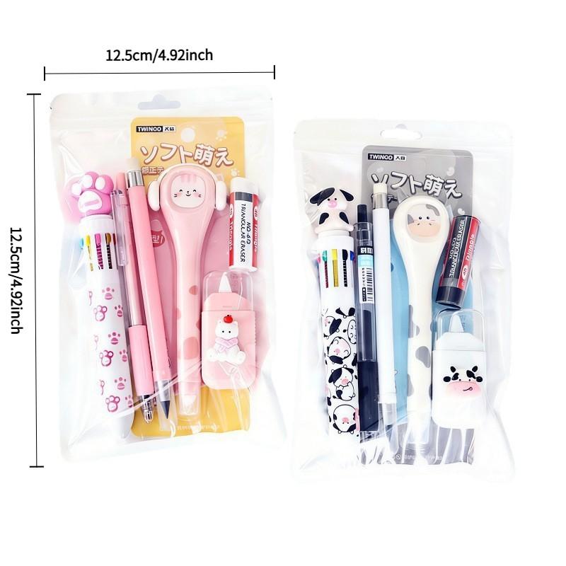 6/12 pcs Creative Theme Stationery Set, Includes Ten Color Pens, Eraser, Neutral Pen, Pencil, Correction Tape, Cow and Cat Themes, Multifunctional Writing Tools, Ballpen Set, Perfect Office & Study Supplies for Children's Day gift