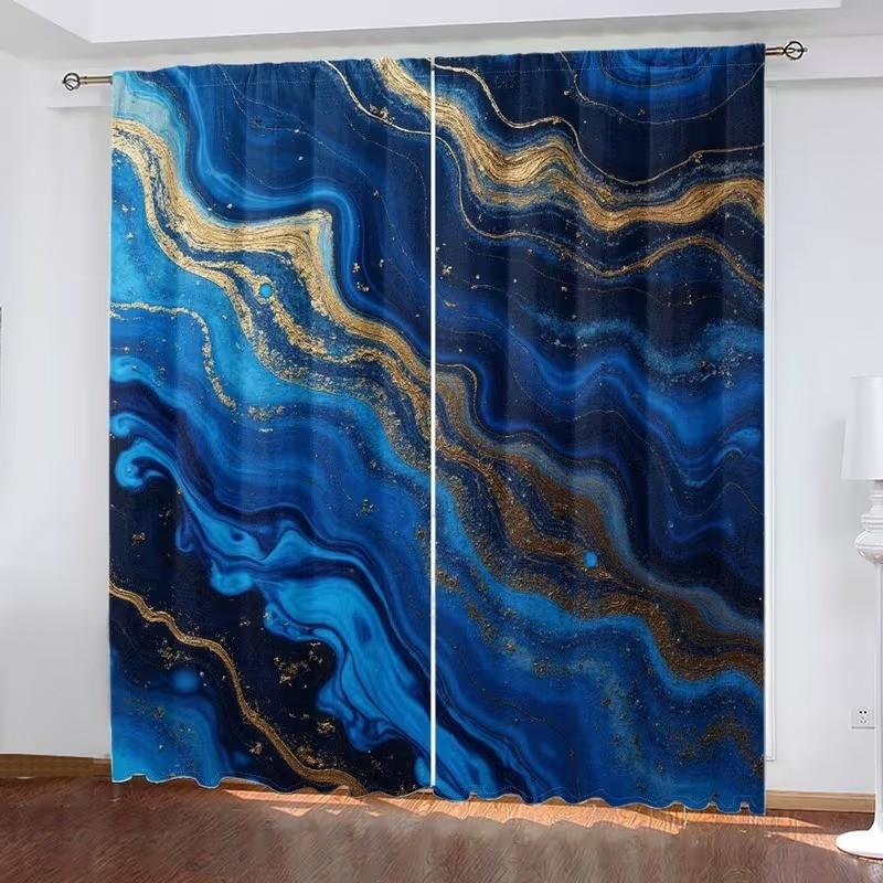 2 pieces of swirl blue and gold marble pattern printed curtains for elephants, made of polyester and semi-transparent, machine washable, suitable for bedrooms, living rooms and home decoration.