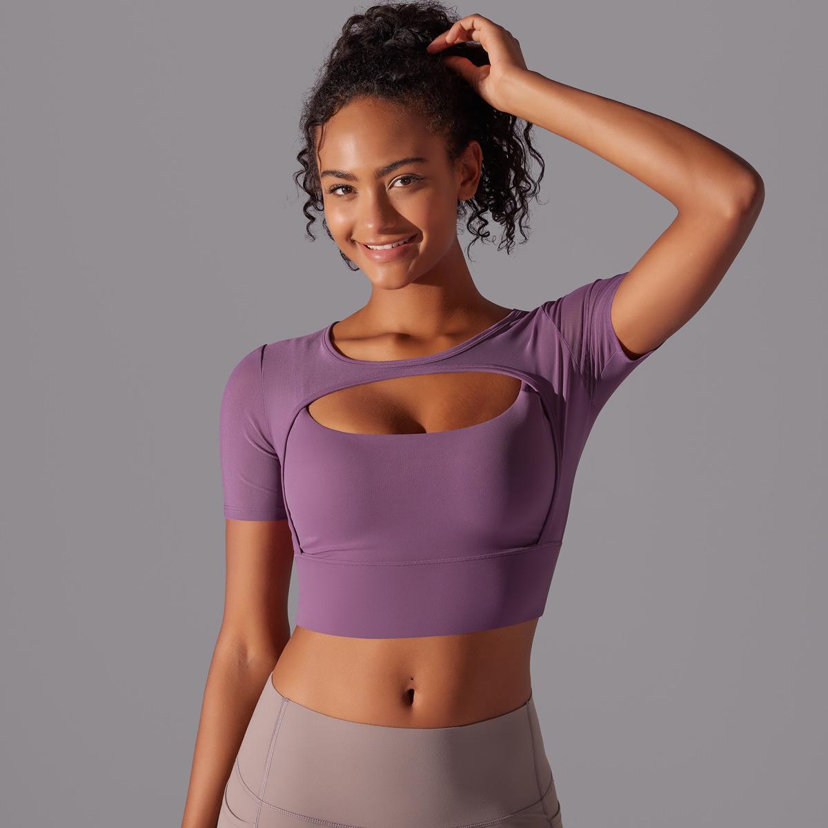 Classic Solid Color Mesh Stitching Double-Layer Short Sleeve Racerback Bra Top Women - Running, Fitness, Yoga Workout Top1123