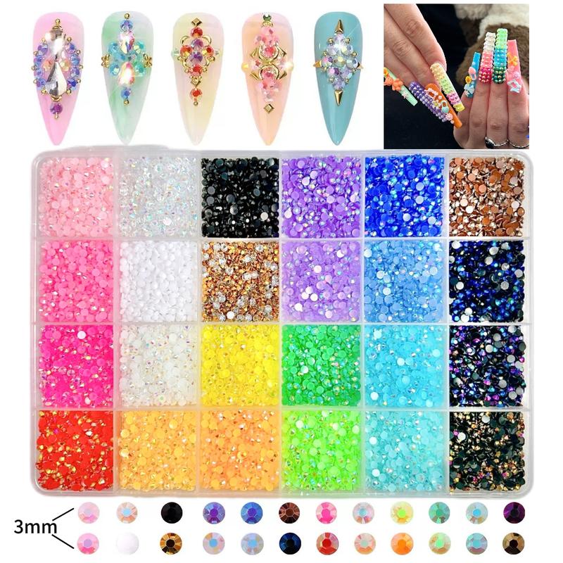 1 Box 24 Colors Semi-circular Rhinestones Bedazzling Kit, 3mm Multi-colors Hot Selling Flatback Resin Diamond Nail Gems DIY Phone Case Headphone Pen Nail materials Rhinestone Decorations