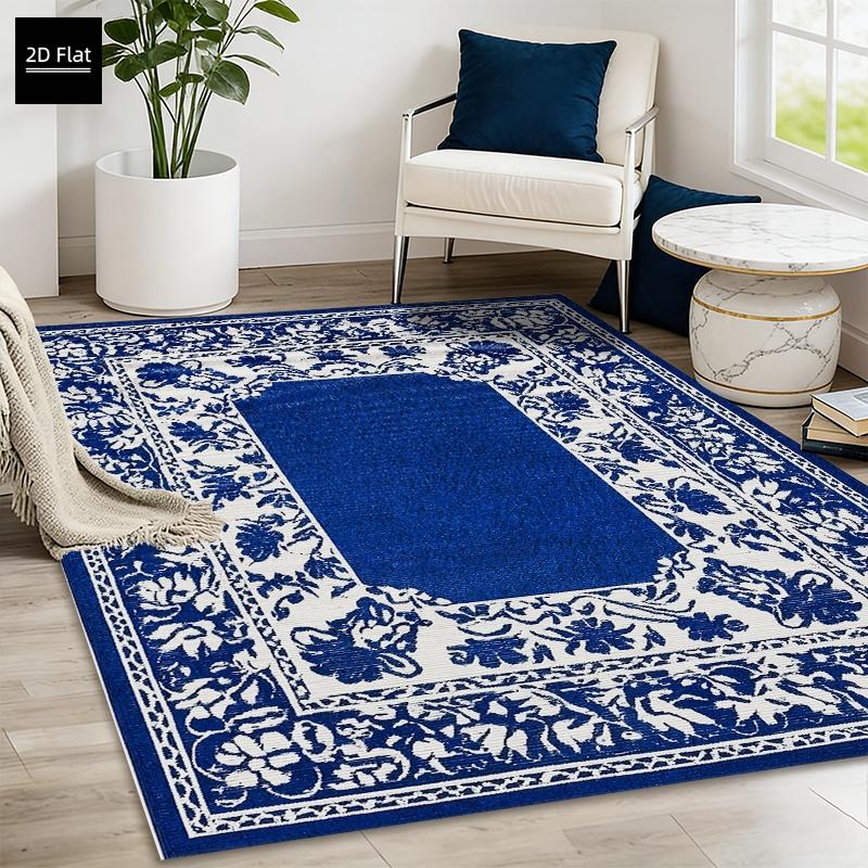 1pc Rectangular Blue Outdoor Rug, Waterproof Sunscreen Non-Slip Back, Velvet Camping RV Patio, Artistic Pattern, Indoor Outdoor Use