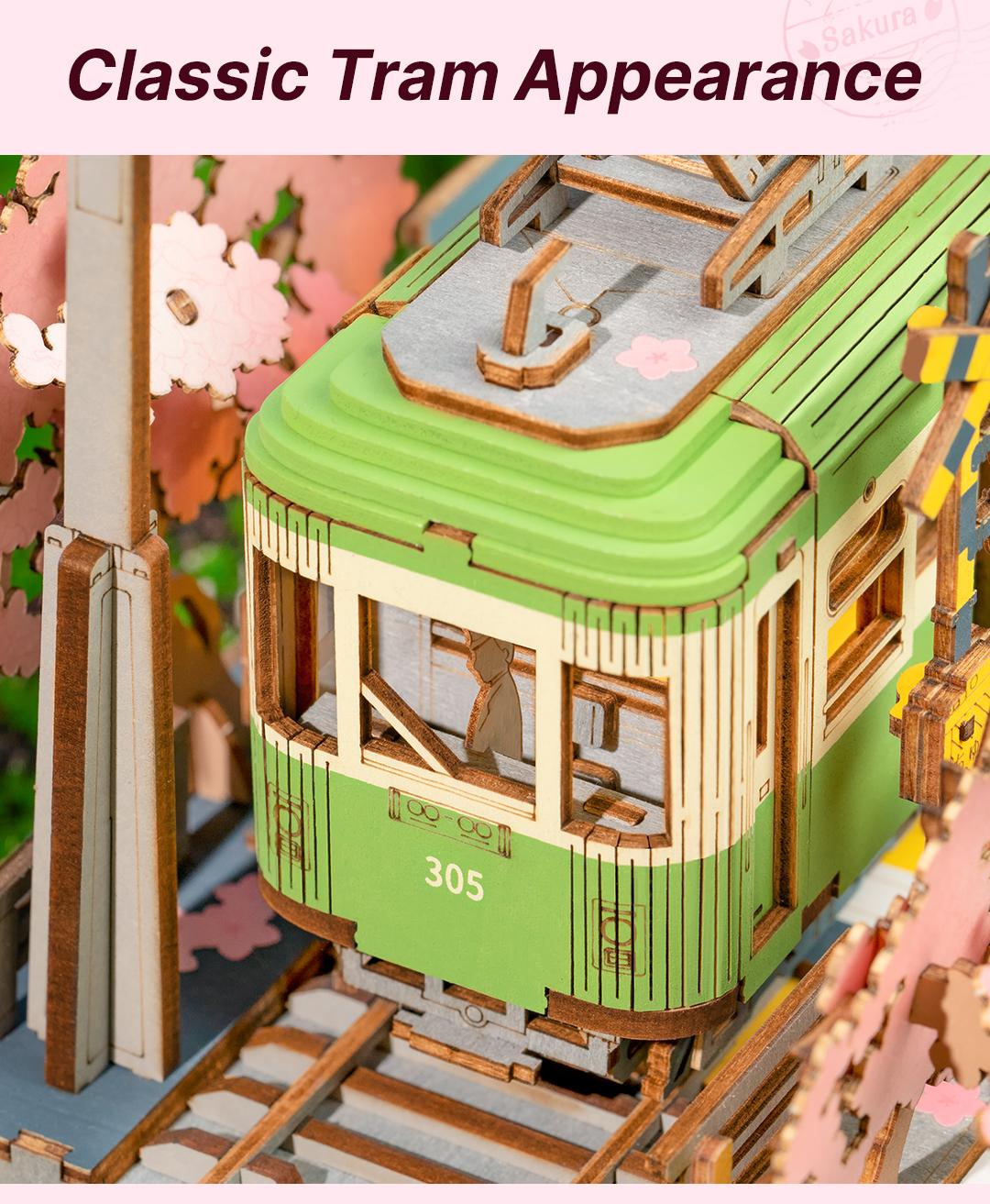 Rolife Sakura Journey 3D Wooden Puzzle TGS02 3D Wooden Puzzle for Adults, Sakura Journey Tram DIY Model building Kits with LED Lights, Creative Kids Craft Hobby Gift and Brain Teaser Home Decor Assembly Toy