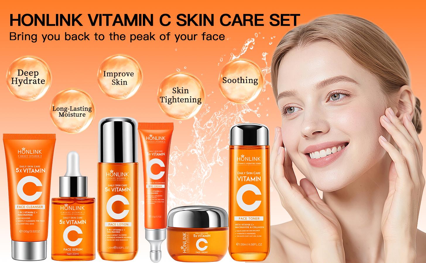 HONLINK Korean Skincare Set for Glass Skin - 5x Vitamin C, Niacinamide, Hyaluronic Acid & Cica for Glowing Hydrating Repairing & Even Skin Tone