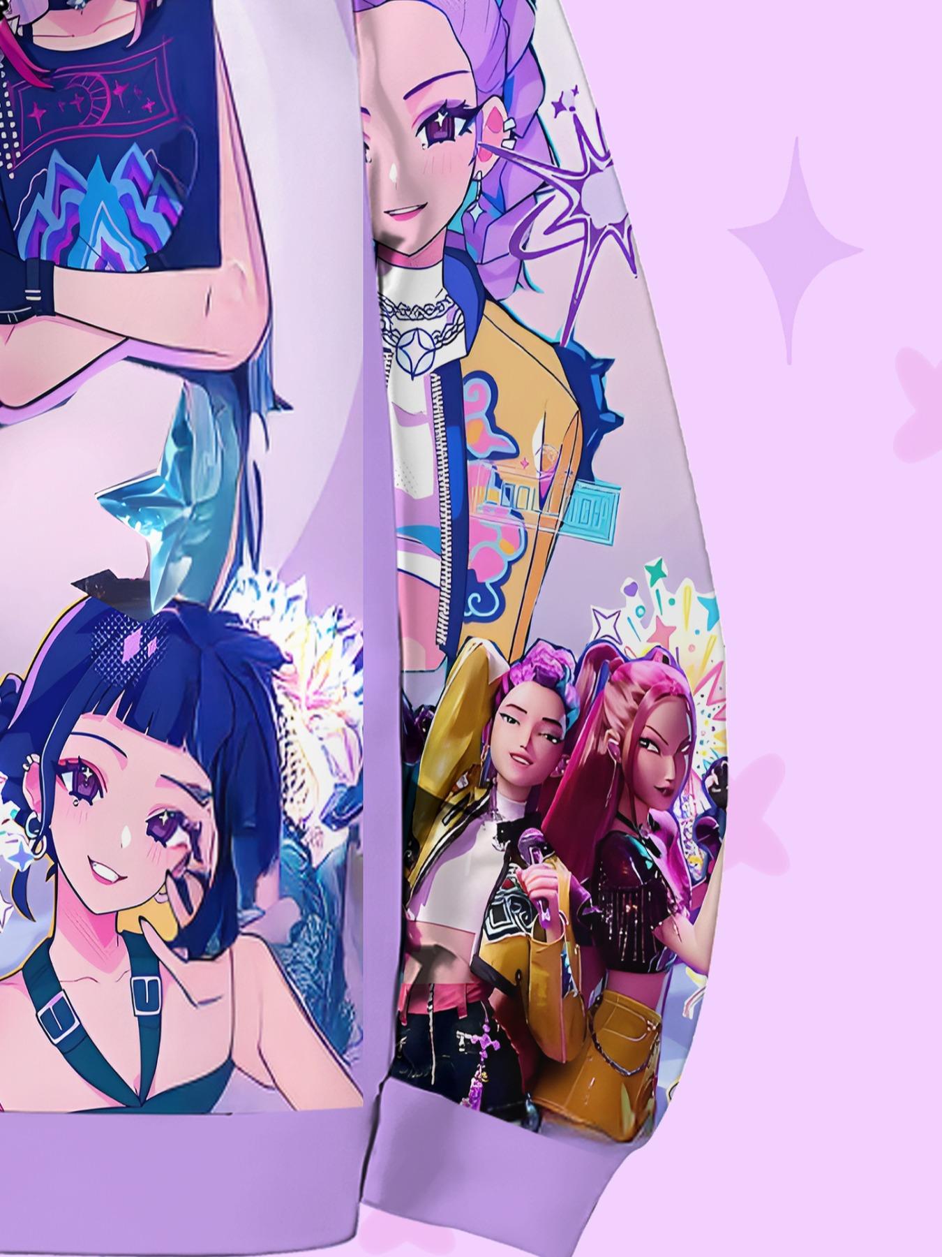 Girls Lightweight Hooded Zipper Sweatshirt, Casual Fall & Winter Wear, Fitted Random Print Design, Durable Daily Outdoor Activities, Graphic Hoodies, Aesthetic Hoodie