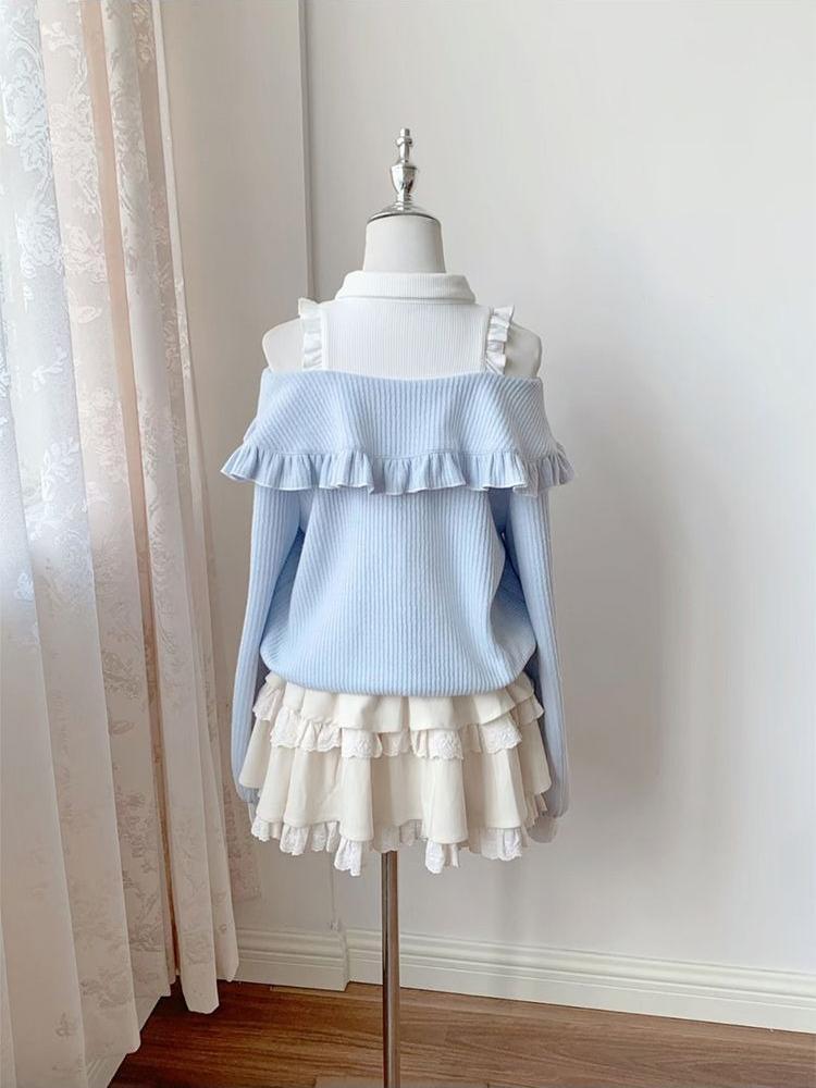 New Cute Slim Harajuku Autumn Outfits 2025 Japanese Sweet Lolita Kawaii 2 Piece Set Women Bow Patchwork Tops+ Cake Ruffle Skirts