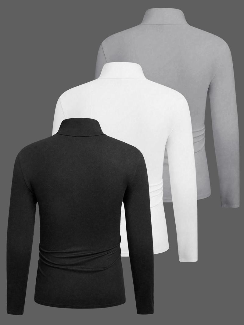 3pcs Men's Solid Color Casual Turtleneck Long Sleeve T-Shirt, Mens Fall And Winter Base Shirt, Men's Spring High Neck Shirt, Men's Summer Half High Neck Shirt, Men'S Casual Top Jacket, Suitable For All Seasons Of Casual Items