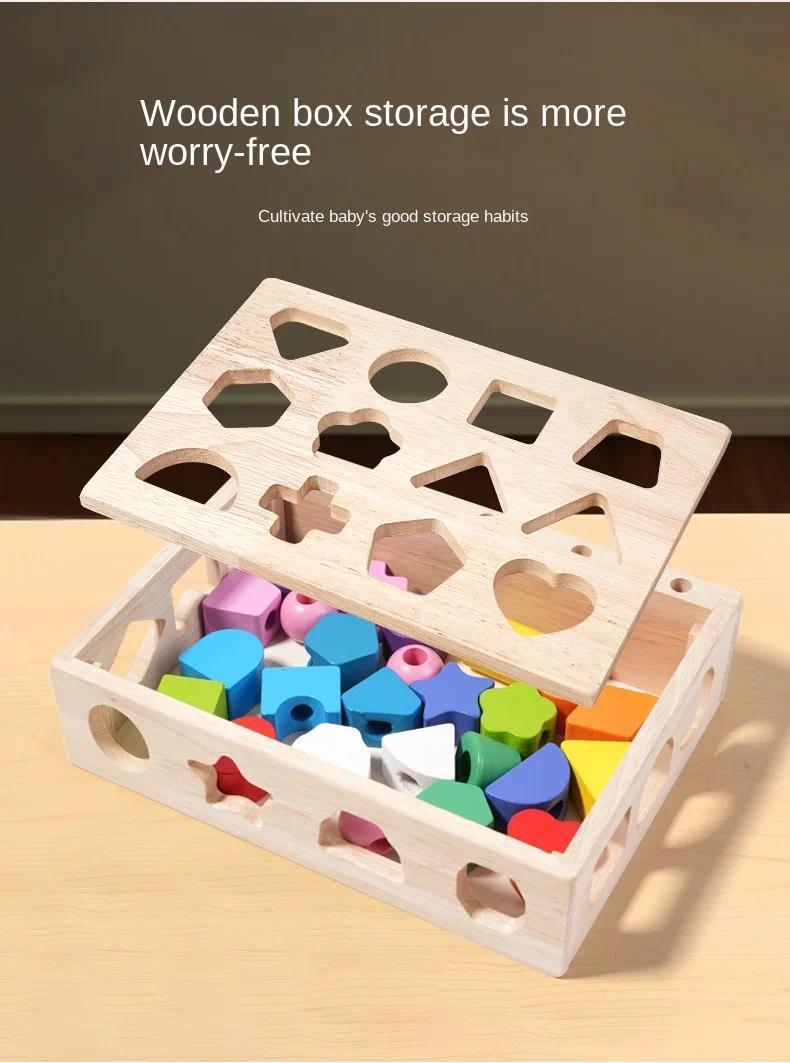 5-in-1 Montessori Wooden Toys Color Shape Cognition Blocks Matching Sorting Game Beaded Early Educational Toys Gift for Children