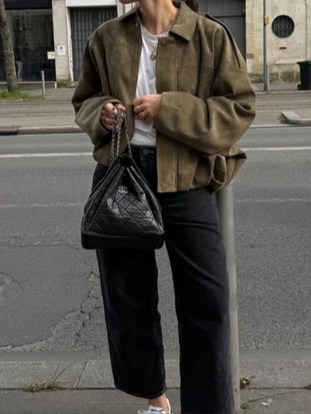 Spring & Fall Suede Texture Zipper Button Pilot Jacket Coat, Stylish Turn-Down Collar Design, Perfect for Casual Wear