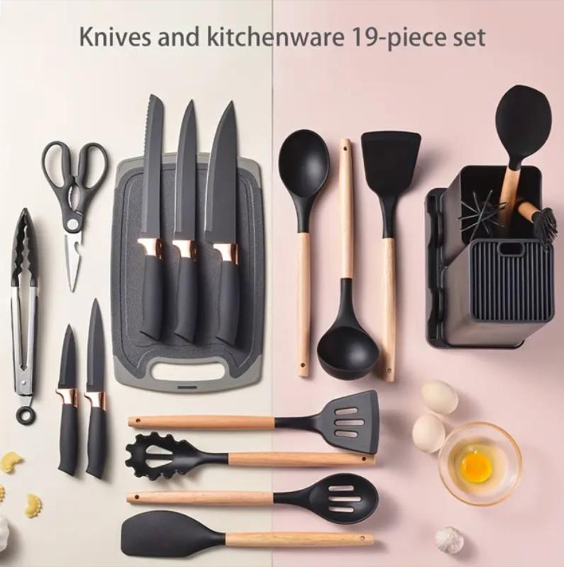 SpringBreakCooking Utensils Set,19PcSKitchen Set CutlerySet with 11 Piece Spatula Cooking Utensils, HeatResistant Silicone Cutlery 6 Piece Sharp Knife Set2 Piece Cutlery Cutting Board Black WoodCookware Rectangular Round Stove WoodenPlastic . White Pasta