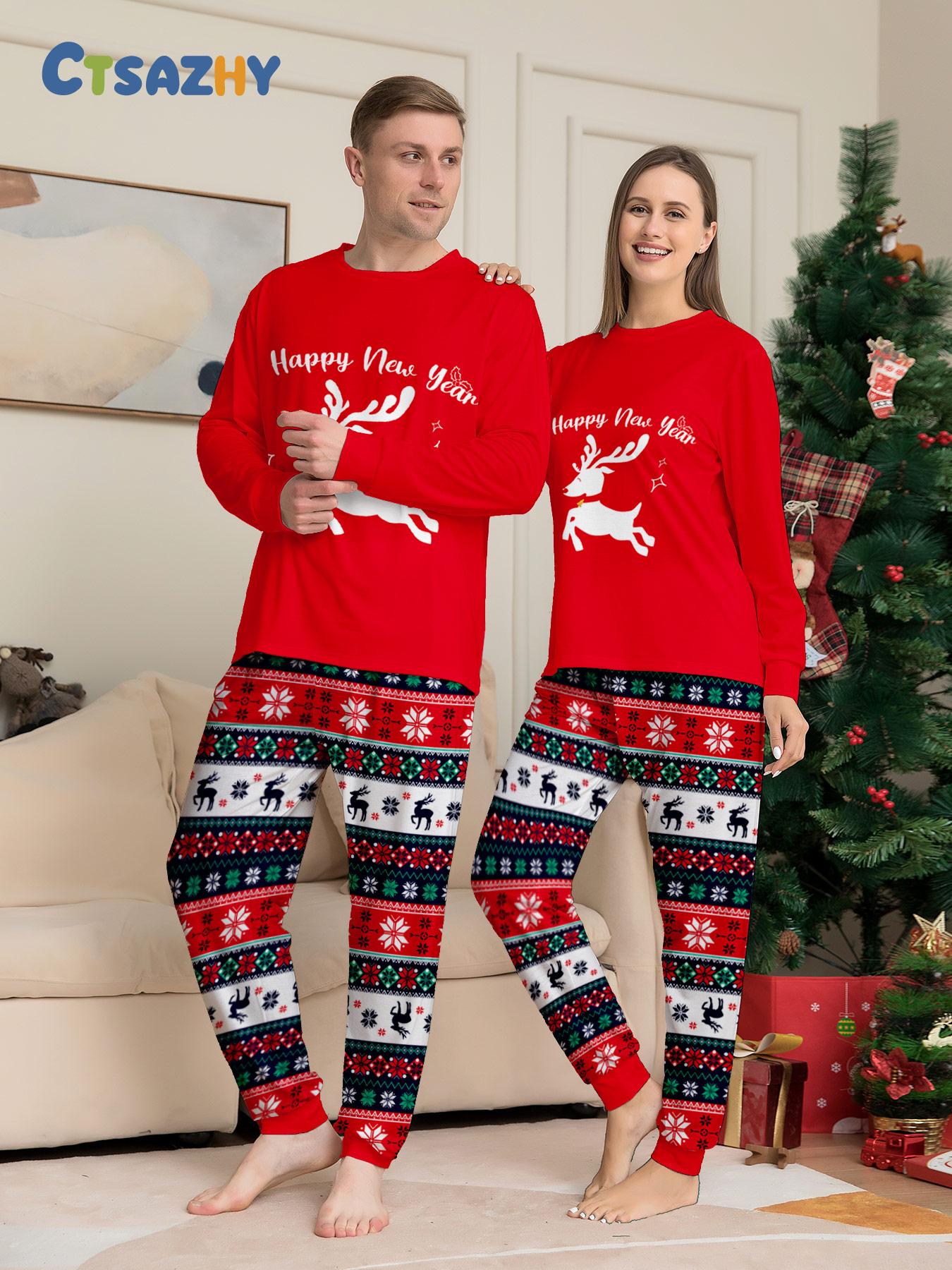 Christmas EIk Famly Matching Pajamas Set 4 Pcs Long Sleve Rd Xmas Printed Sofit Warm Loungeweas Holiday Family Sleepwear for Men Women Kids Chistmas Gif Outft