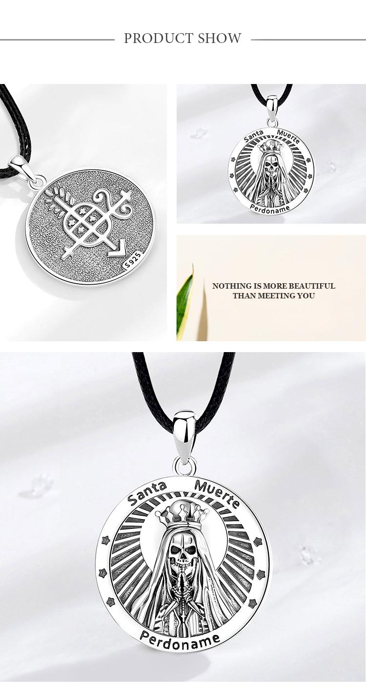 Santa Muerte Protection Pendant Necklace, 925 Sterling Silver Amulet, Mexican Saint Medallion, Holy Death Folk Amulet, Day of the Dead Jewelry
