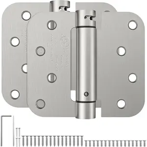 Self Closing Spring Loaded Hinges, 4 Inch, Adjustable Tension, UL Listed, for Garage Front Back Door, Left and Right Hand, 5/8'' Radius Corners, Brushed Nickel, 2 Pack