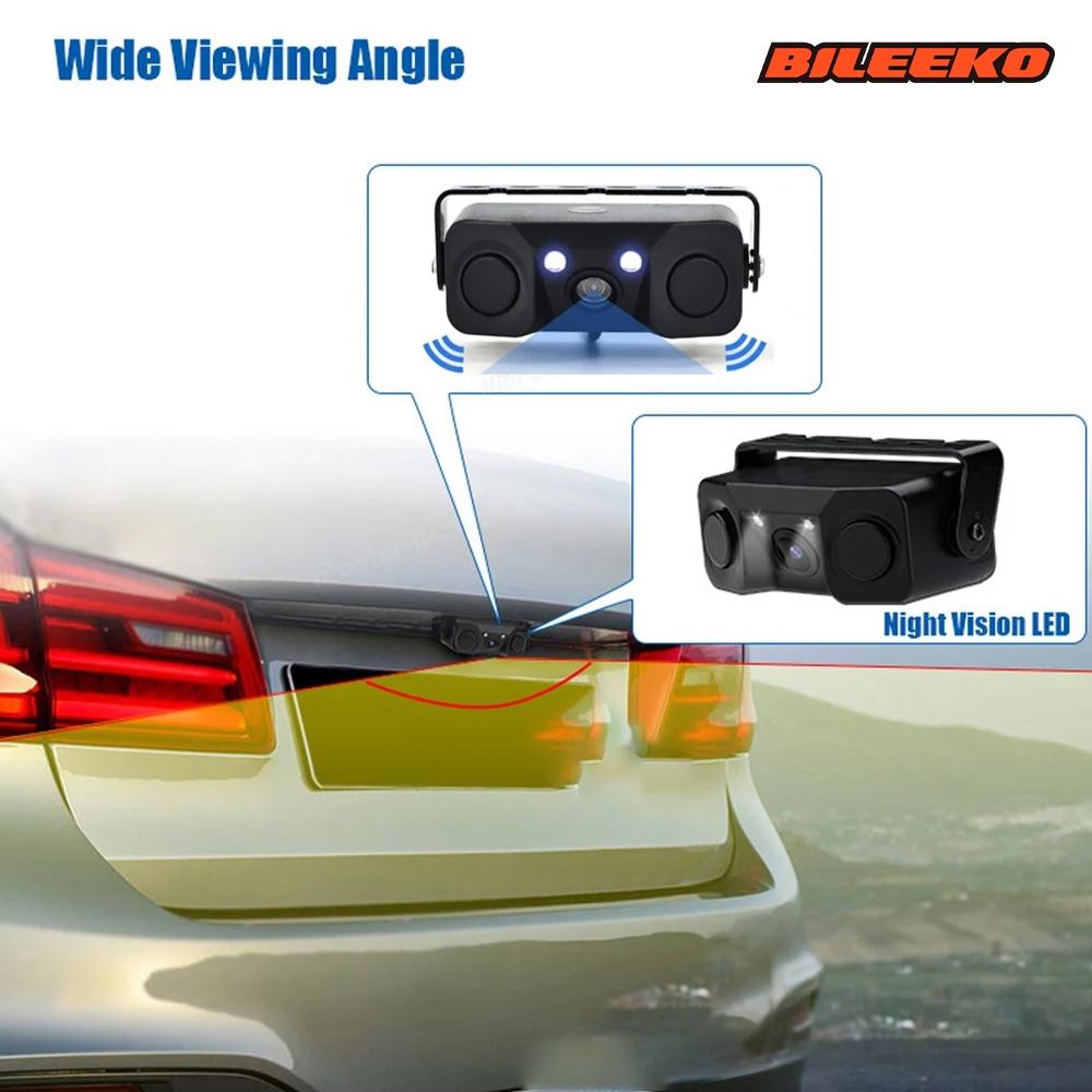 Bileeko 3-in-1 Car Reverse Backup Kit - Rear View Camera & 2pcs Parking Radar Sensors with Alarm