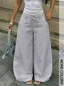 1 Piece Casual Thin Vertical Striped High Waist Drawstring Tie Design Flowy Loose Extra Long Floor-Length Height Enhancing Wide Leg Sweat Pants