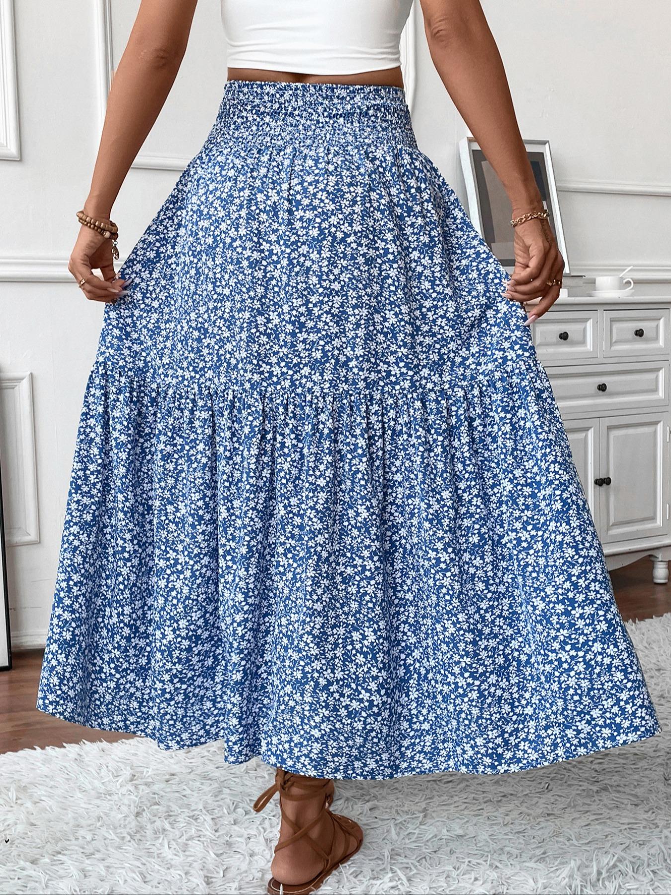Women's Floral Casual A-Line Ruffled Skirt, Elastic Waist Pockets, Leaf Hem, Long Fitted Skirt, Fashionable Mid-Length Dress