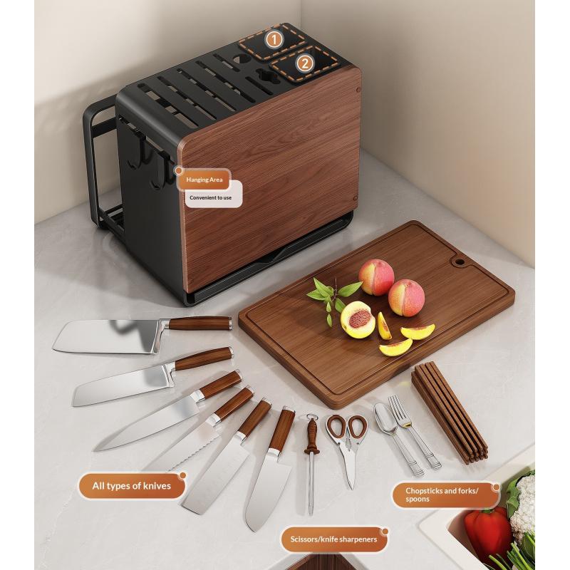 1pc New Vintage Chinese Style Wooden Knife Block - Countertop All-in-One Organizer for Knives, Cutting Boards & Chopsticks! Sturdy Solid Wood Holder, Space-Saving Design, Stylish Kitchen Storage Rack for Home Use