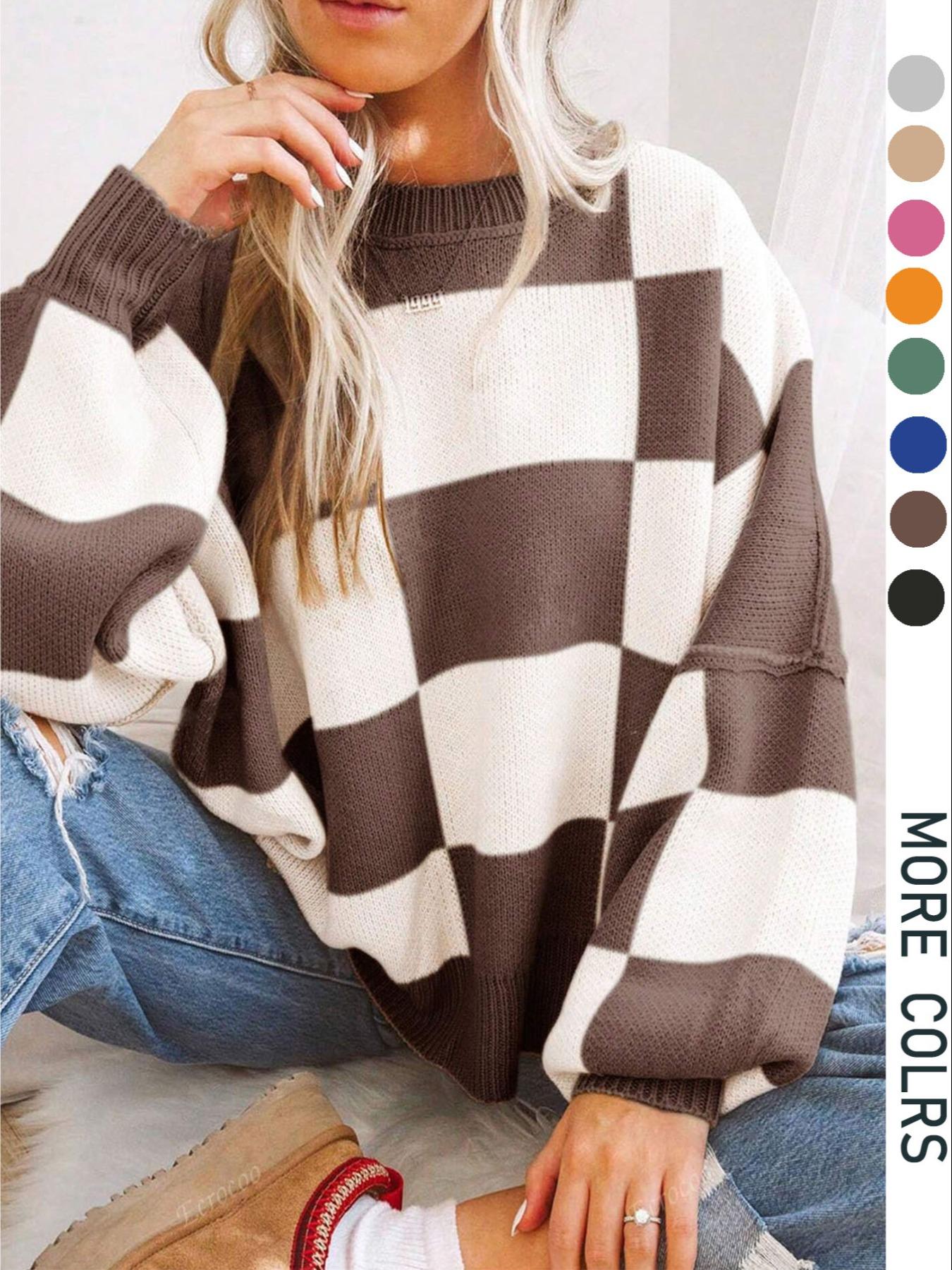 Plus Size Plaid Drop-Shoulder Knitted Sweater, Casual Long-Sleeve Knitwear Womenswear for Fall & Winter, Loose-Fitting Round Neck Pullover for Women