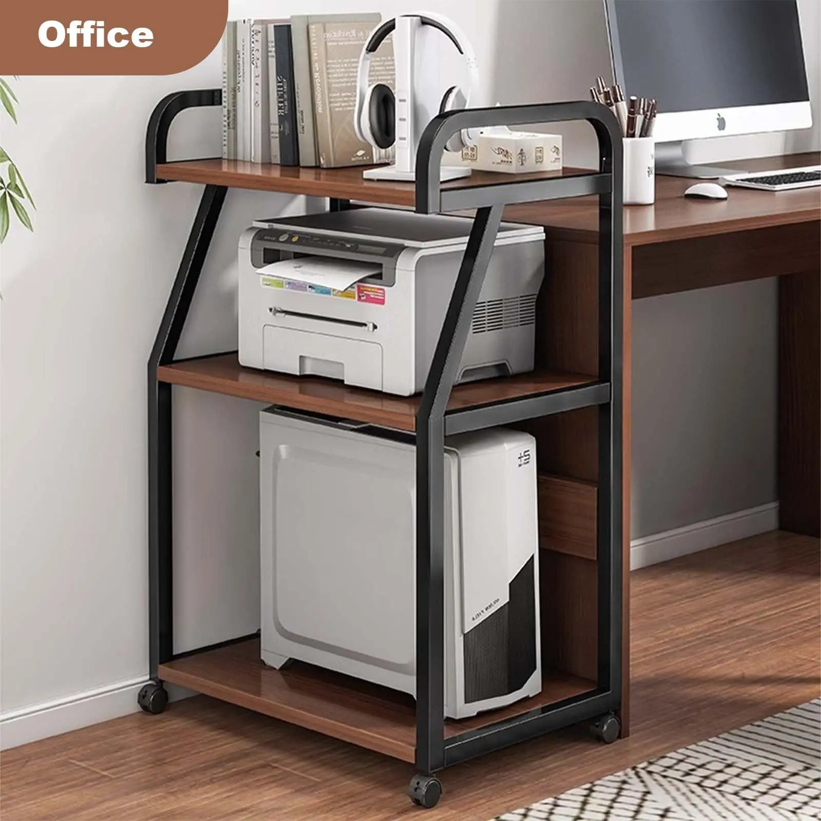 Gaomon 3-Layer Steel Multi-Tiered Wood Printer Stand Organiser with Installation Support, 99x40x55cm Mobile Rack with Wheels, Arc Shape Dark Walnut + Black Storage Table for Office Computer Tower Setup