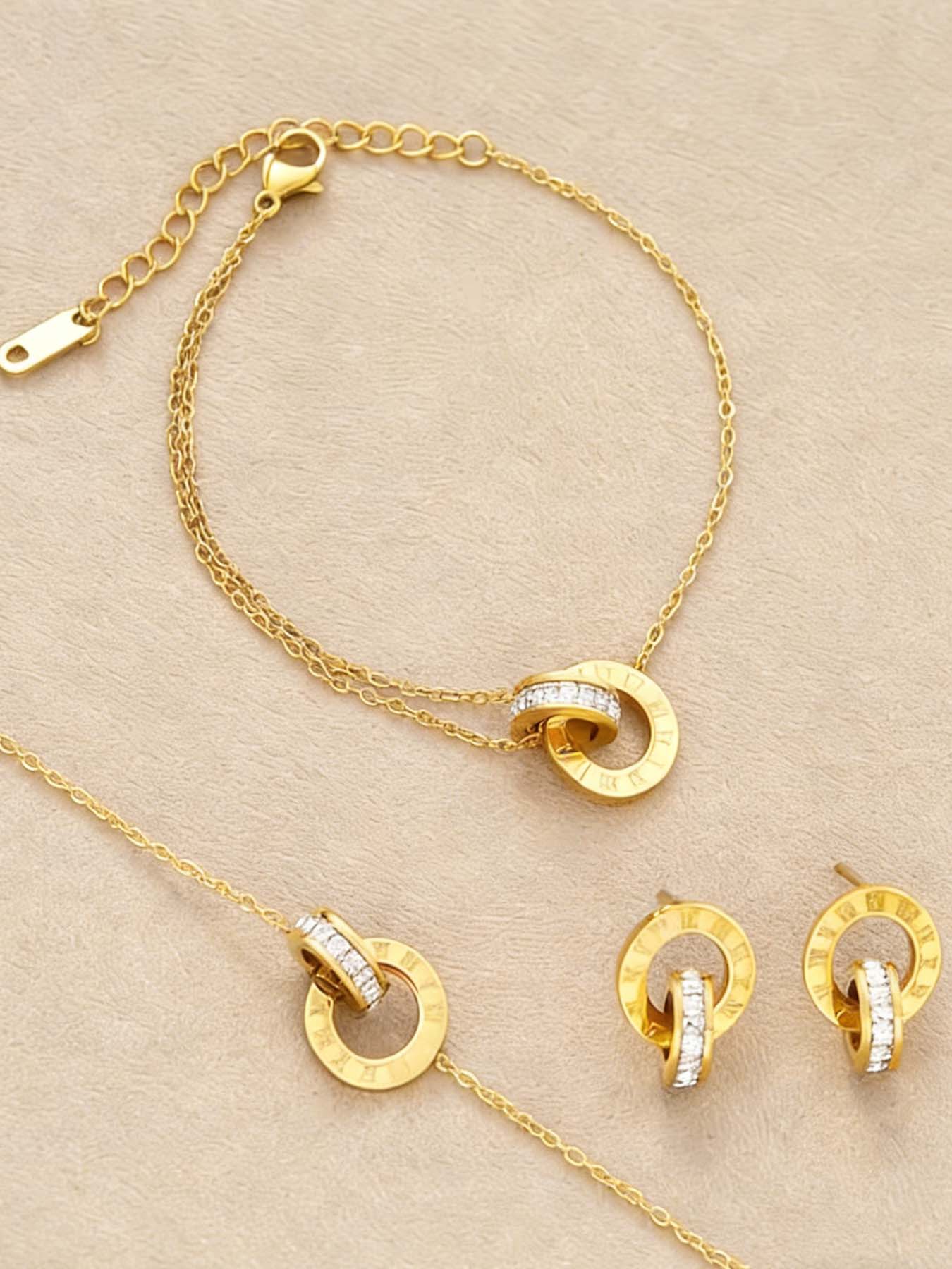 3-piece wedding season Valentine's Day gift set made of 304 stainless steel Roman numerals with interlocking jewelry, perfect for gifting to girlfriends, moms, daily dates, vacations, and parties