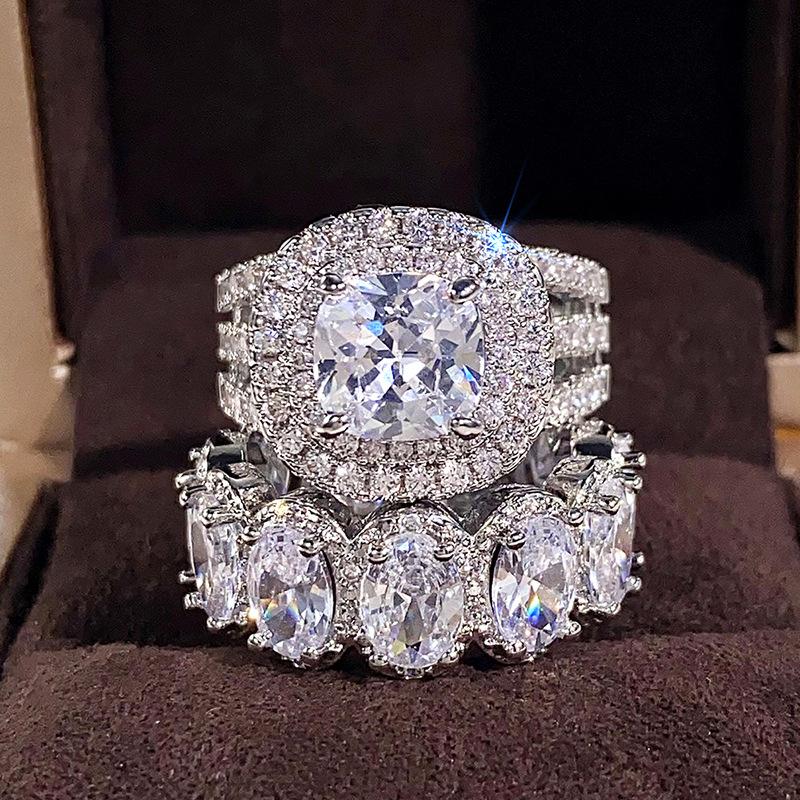 Luxury Emerald Ring Set | Square Geometric Oval Full Eternity Band | High-End Fashion Jewelry