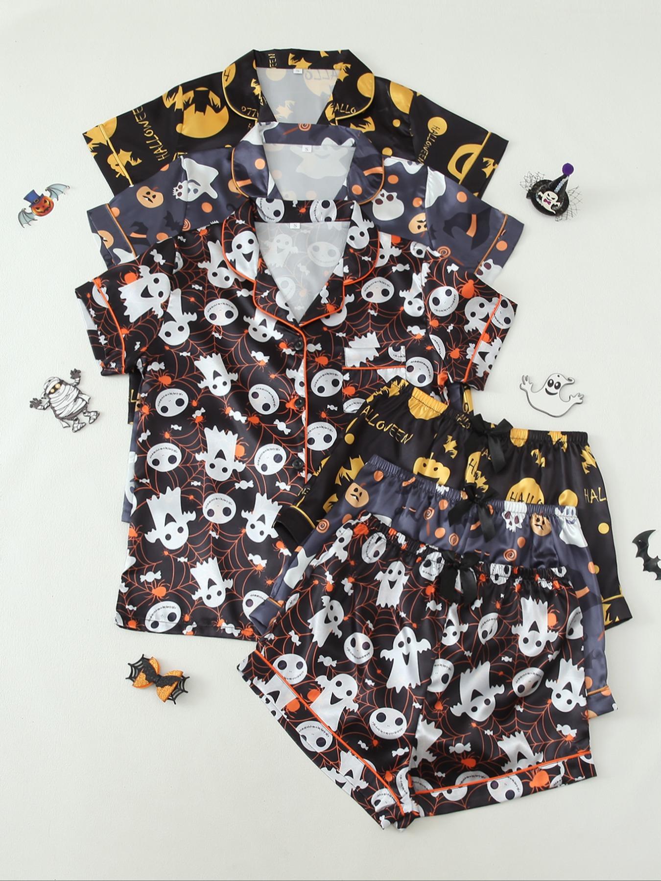 Six-Piece Set Women's Christmas Theme Contrast Binding Short Sleeve Satin Loungewear Set for Christmas Gifts, Summer Outfits 2024, Basic Button Front Shirt & Bow Decor PJ Shorts, Lounge Co-ord Set, Womenswear