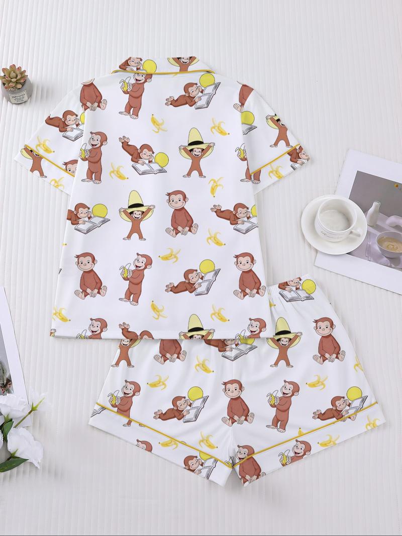 Women's Monkey Banana Print Sleepwear Set, Comfortable Short Sleeve Button Shirt & Loose Elastic Shorts, Fashion Casual Home Wear, Pajama Set
